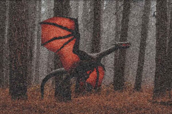 Stylized illustration of a mythical bat-winged dragon creature swooping through a gray pineland forest
