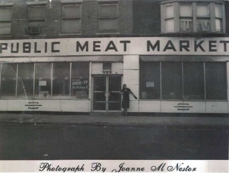 Historical photo of storefront, black and white, of a Public Meat Market in East Trenton