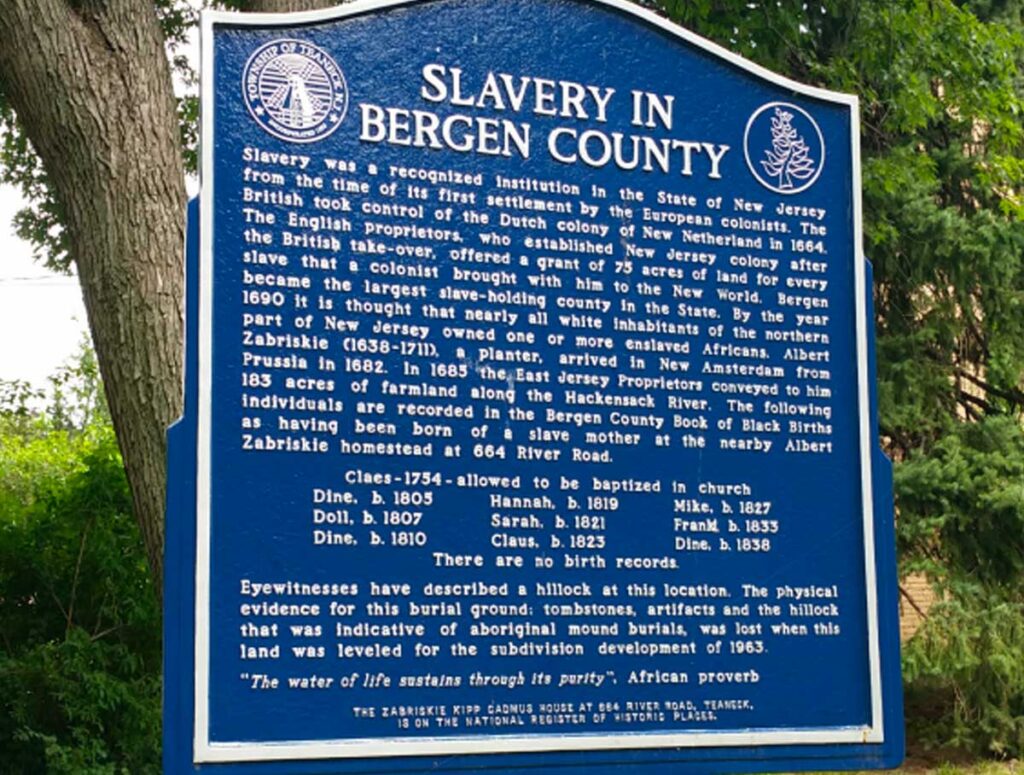Historical marker denoting Slavery in Bergen County