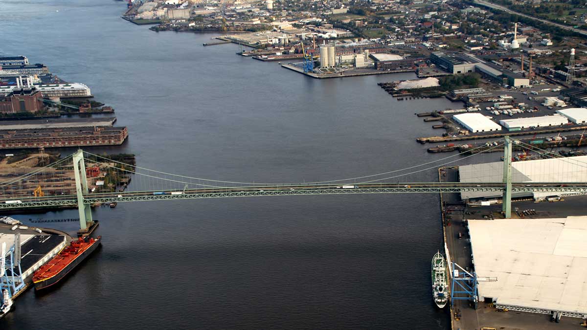 Walt Whitman Bridge spanning the Delaware River, aerial photo