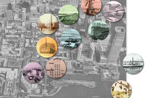 Slide from Paulus Hook's presentation, featuring graphic icons denoting locations over a stylized aerial view of Jersey City