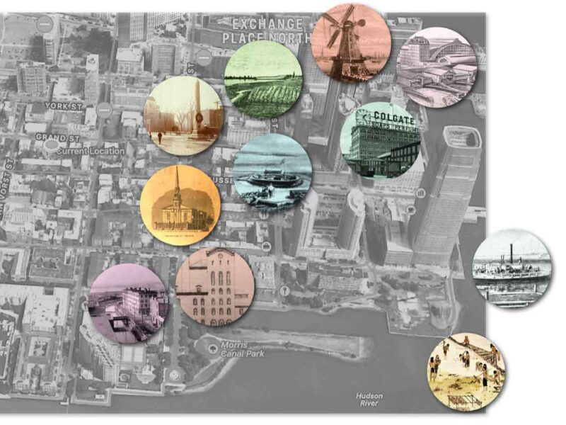 Slide from Paulus Hook's presentation, featuring graphic icons denoting locations over a stylized aerial view of Jersey City