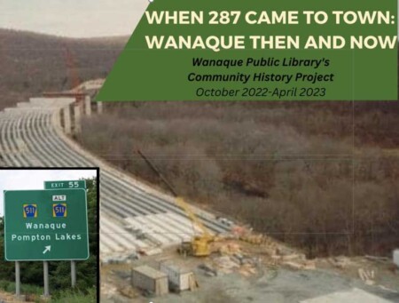 Slide from Wanaque Public Library presentation including a historic landscape and inset photo of a road sign