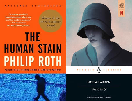Event graphic featuring the book covers of The Human Stain by Philip Roth and Passing by Nella Larsen