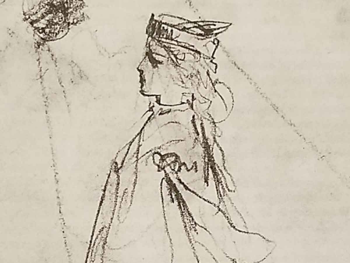 A historic pencil sketch featuring a 19th-century woman in a flowing gown in silhouette