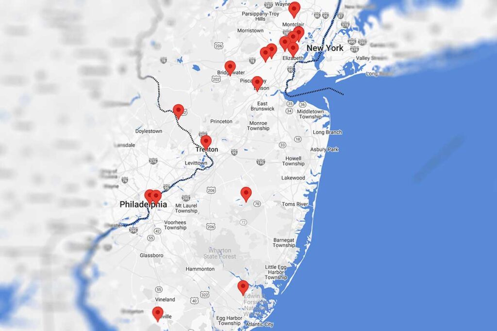 Screenshot of interactive map displaying 18 icons representing grant awardees in NJ for NJCH's 2024 Round 2 Grants Program