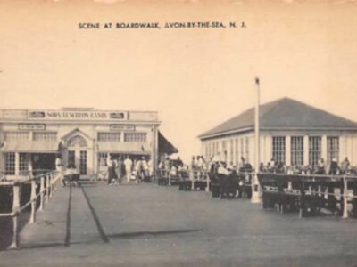 Historical postcard showing the boardwalk in Avon-by-the-Sea, from the Avon Historical Society archive