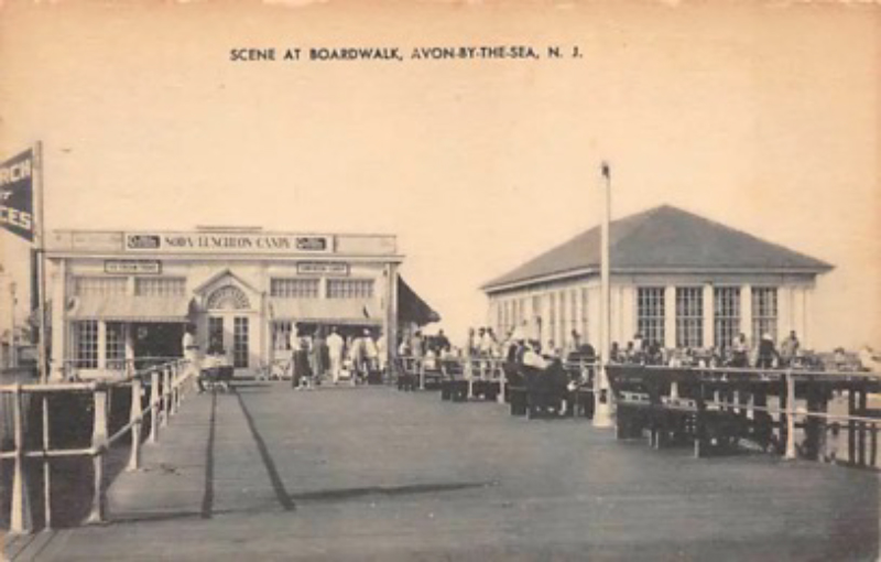 Historical postcard showing the boardwalk in Avon-by-the-Sea, from the Avon Historical Society archive