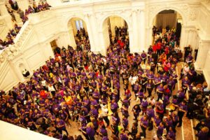 Photo of the February 27, 2025 Soul Line Dance party held in the Library of Congress's Jefferson Building Great Hall, photographed from above.