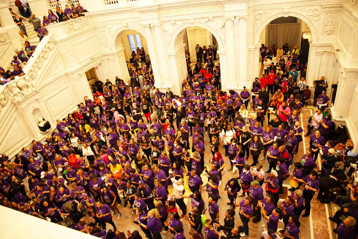 Photo of the February 27, 2025 Soul Line Dance party held in the Library of Congress's Jefferson Building Great Hall, photographed from above.