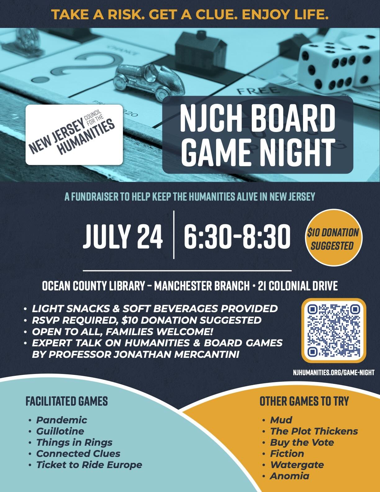 NJCH Board Game Night flyer with event information