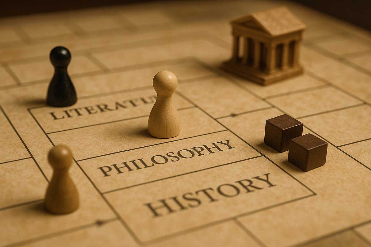 Closeup of a hypothetical humanities-based board game, featuring pieces on a tan board reading "Literature," "History," and "Philosophy" on different squares.