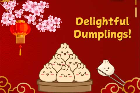 Food for Thought Event graphic with a bowl of cartoon dumplings on a red background with the words "Delightful Dumplings!" to the right of the bowl.