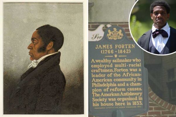 James Forten event graphic, featuring a historical portrait of Forten, a historical marker in his honor, and a photo of living history portrayer Keith Henley