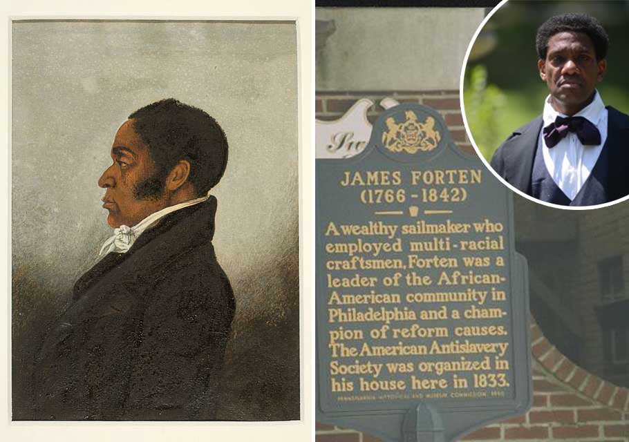 James Forten event graphic, featuring a historical portrait of Forten, a historical marker in his honor, and a photo of living history portrayer Keith Henley