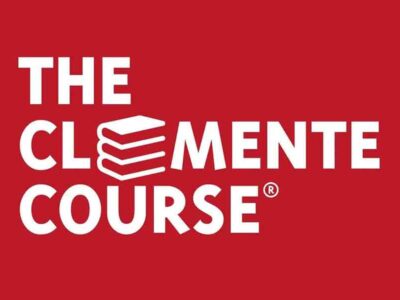 The Clemente Course graphic, white lettering on a red background