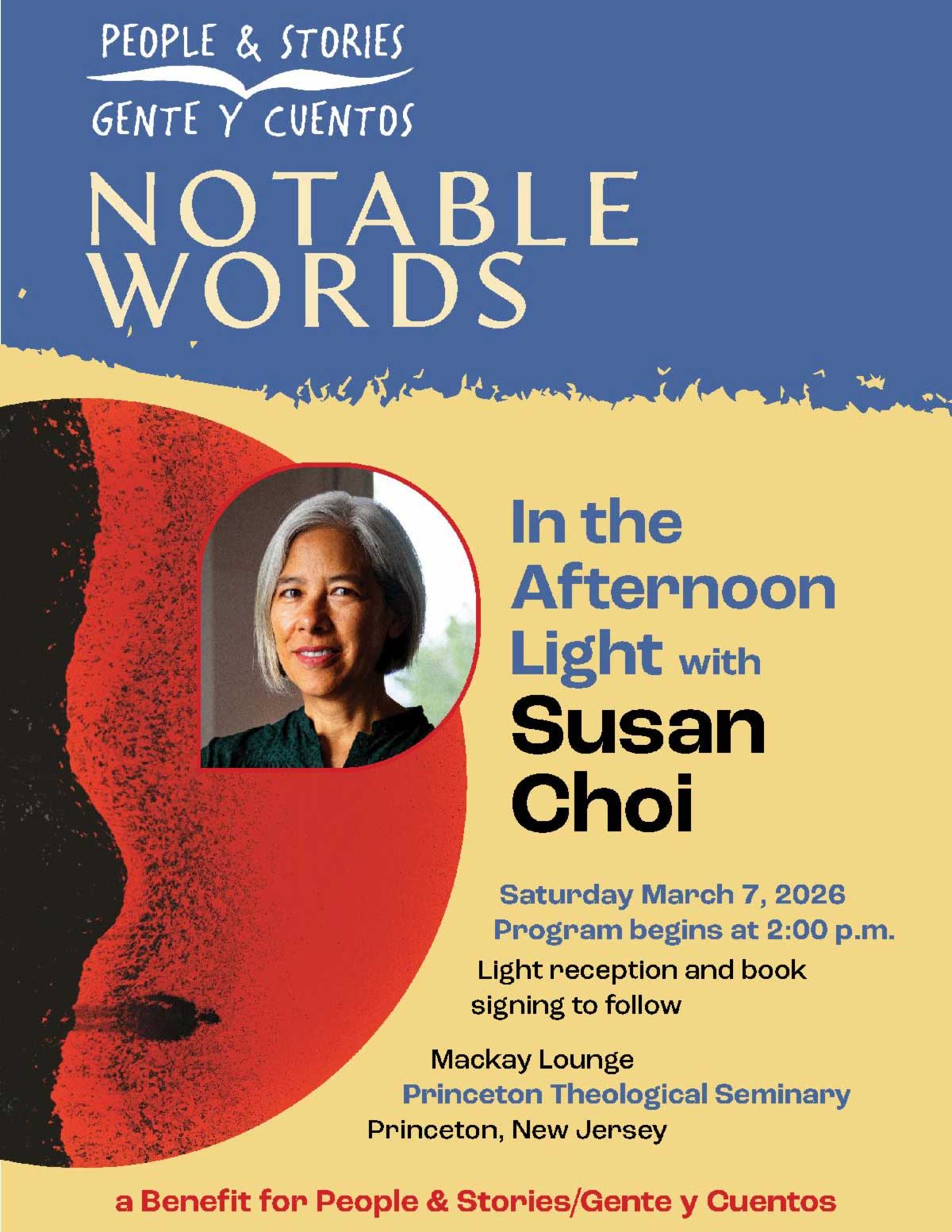 People and Stories / Gente y Cuentos event flyer: Susan Choi author talk
