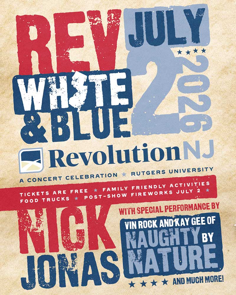 Rev, White, and Blue event flyer
