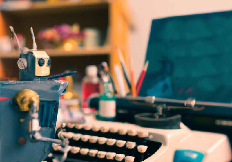 We peer over the shoulder of a classic-looking blue robot standing in front of a typewriter and art materials